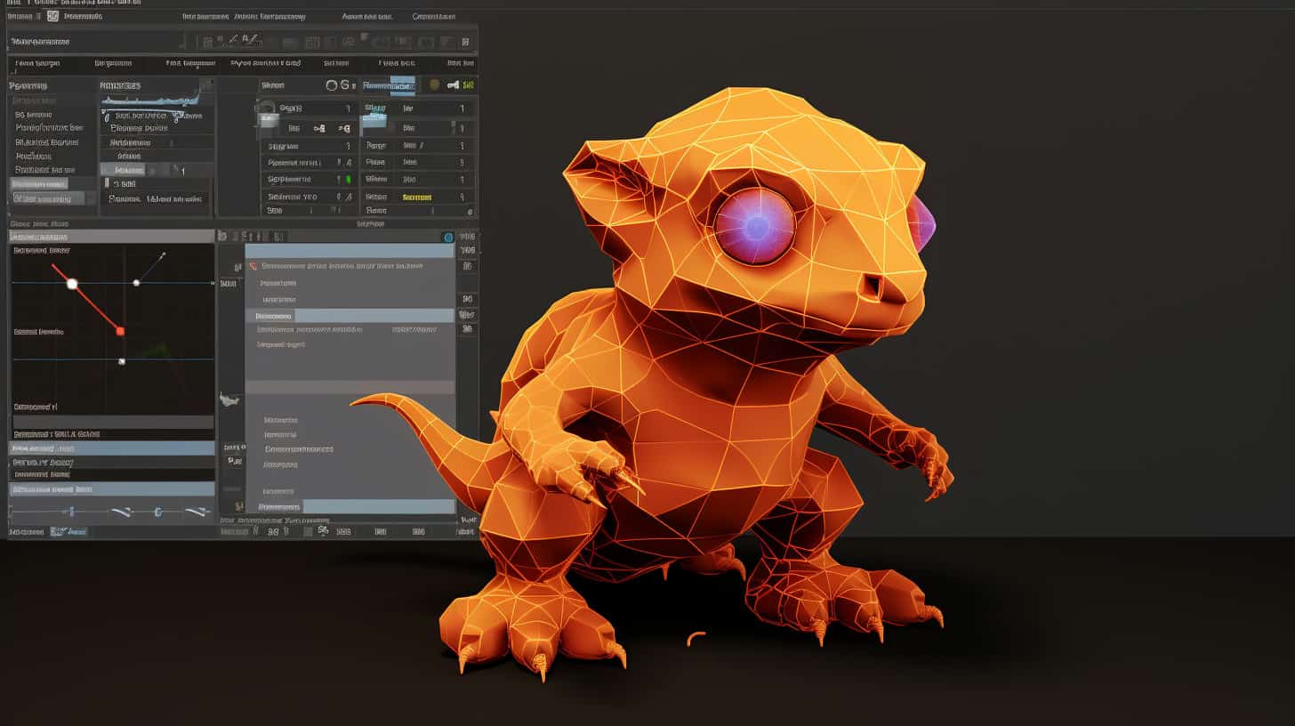 a visualization of the 3D modeling process with a small polygon creature