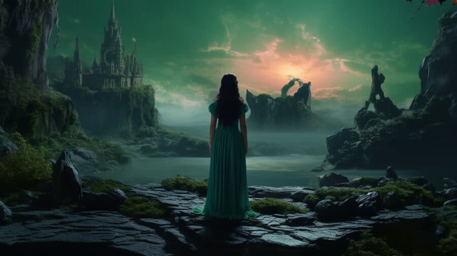 a woman looking out over a fantastical VFX landscape