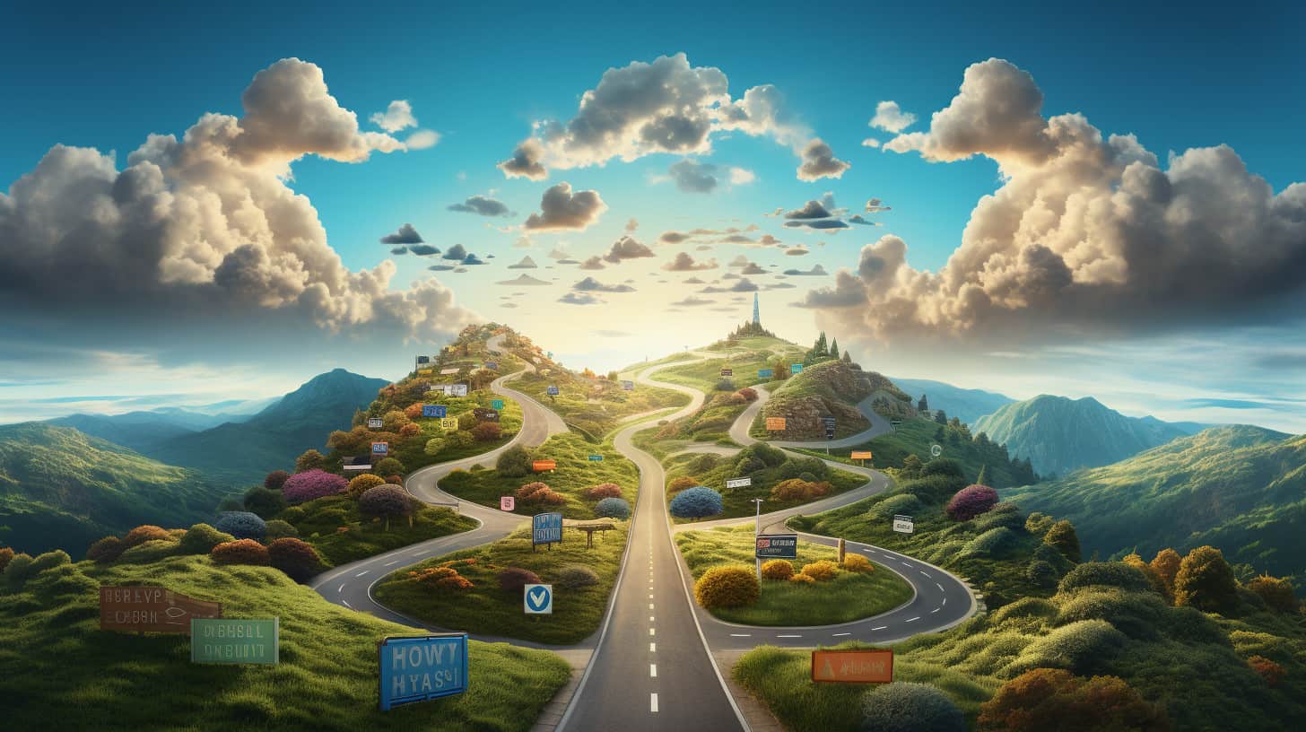 an illustration of a twisting road through mountains