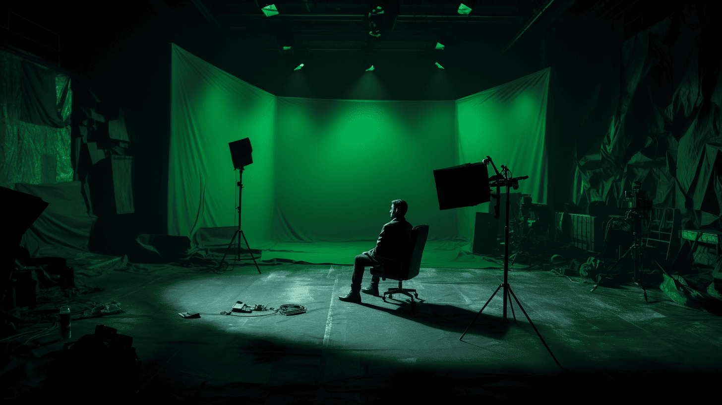 man sitting on set in front of chroma key green screen