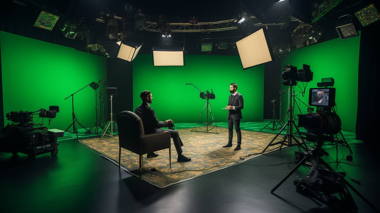 two men on a green screen sound stage