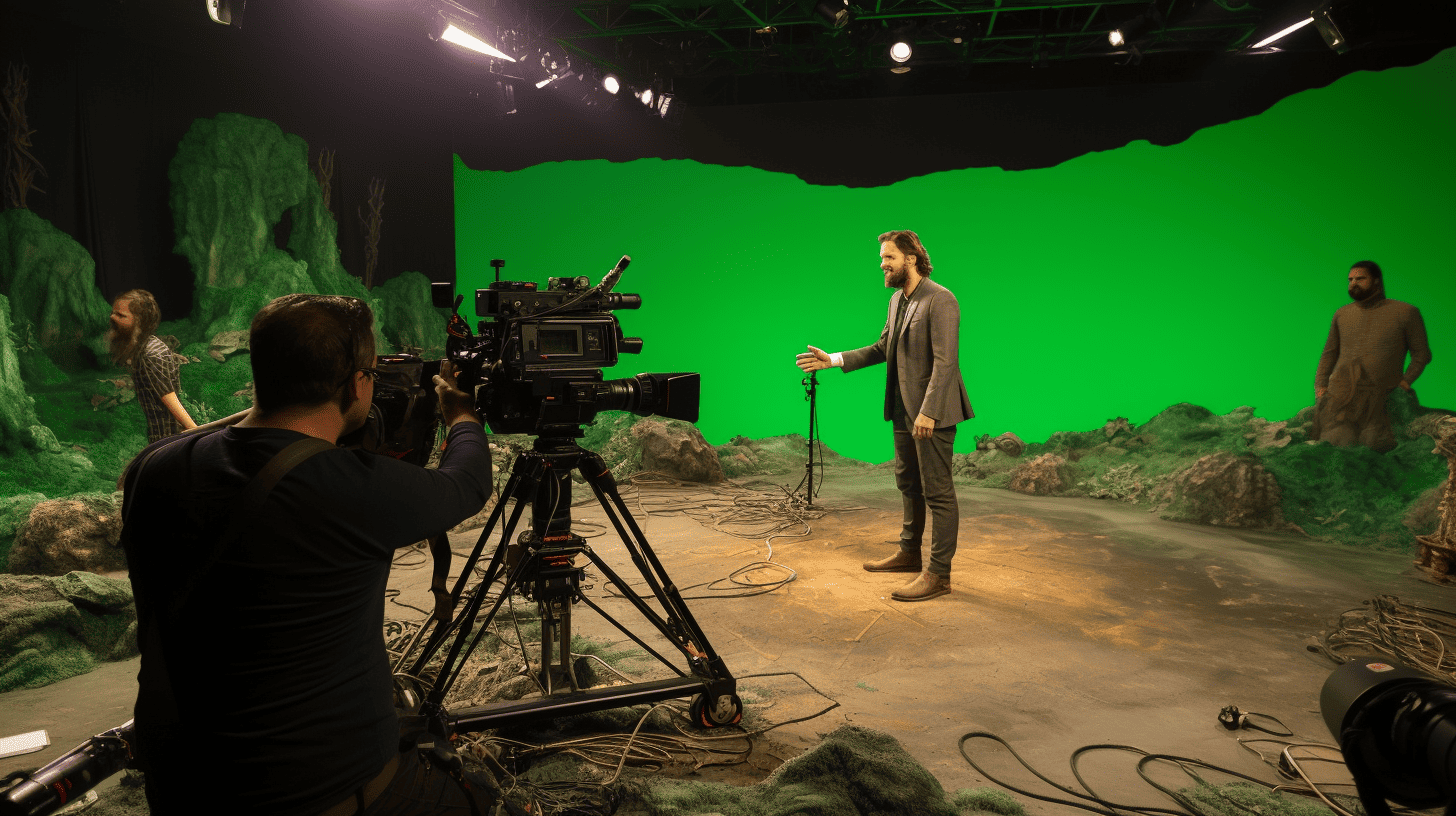 a man standing on a film set in front of a green screen