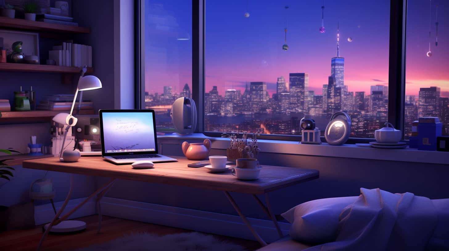 a cozy home office with a laptop on a desk overlooking a cityscape out the window