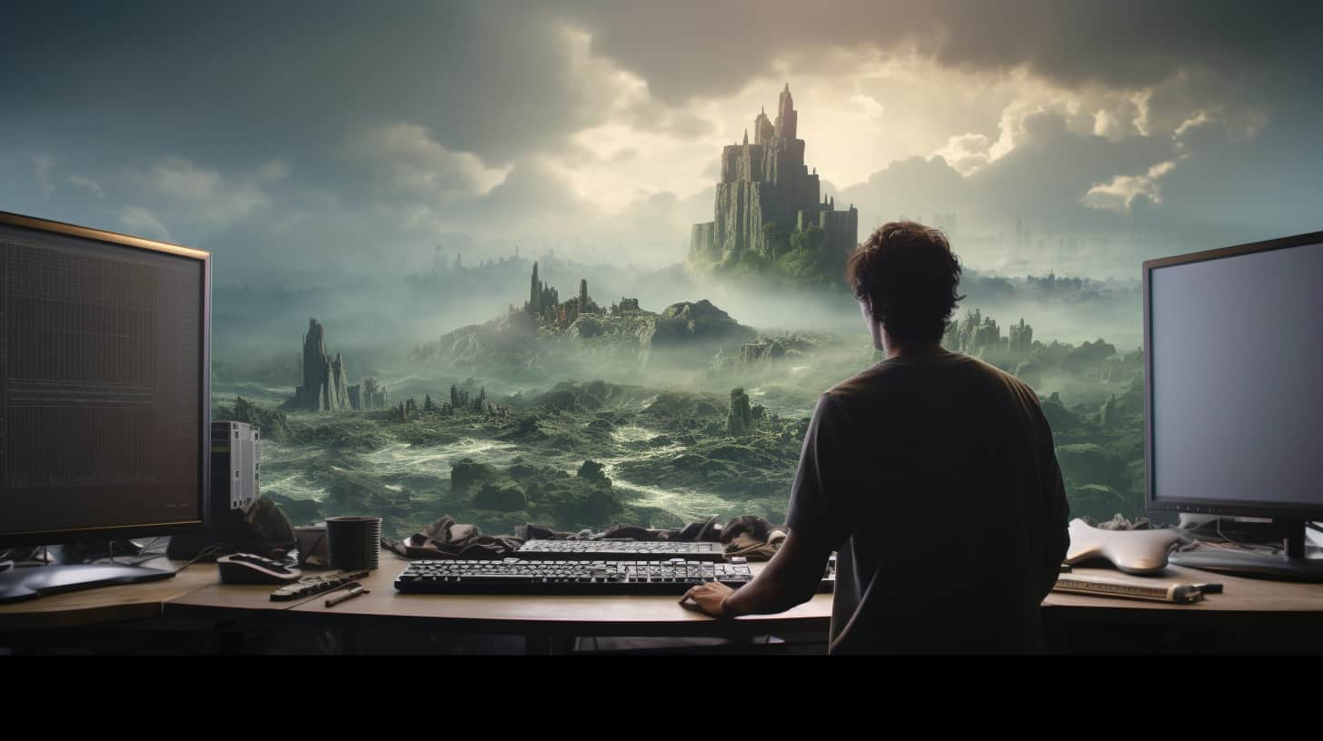 an artist looking at a fantasy landscape from their computer desk