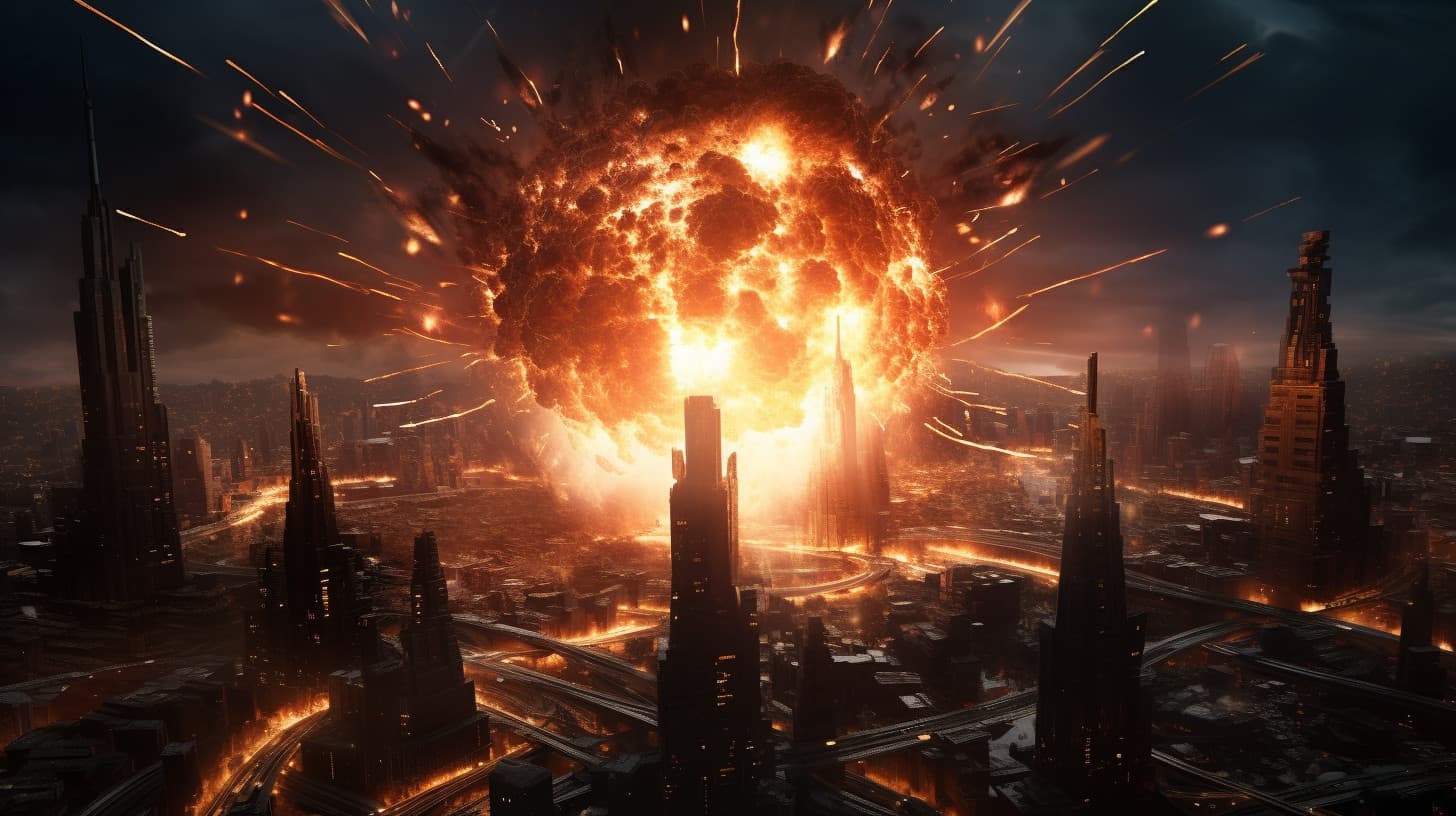 a large scale bomb exploding over a futuristic city