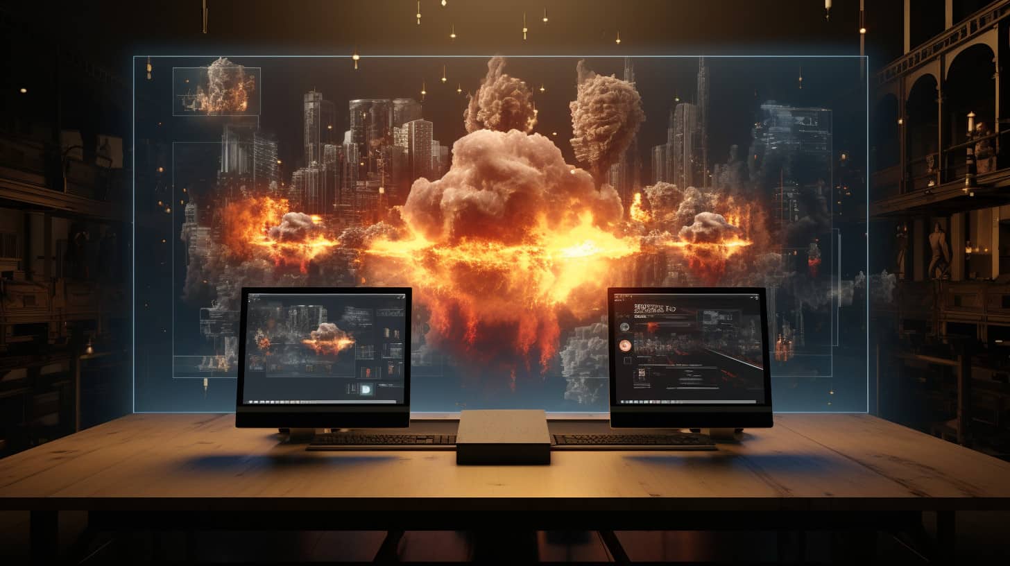 a simulated explosion behind a computer monitor