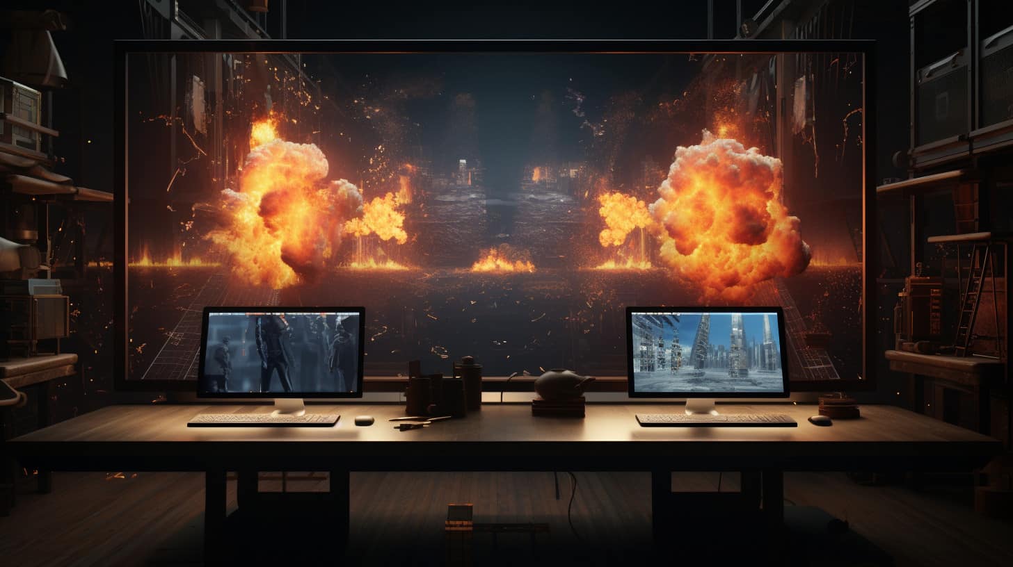 Two simulated explosions behind 2 computer monitors