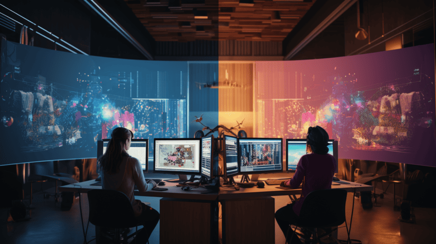 split screen showing a motion graphics artist on one side and a VFX artist on the other