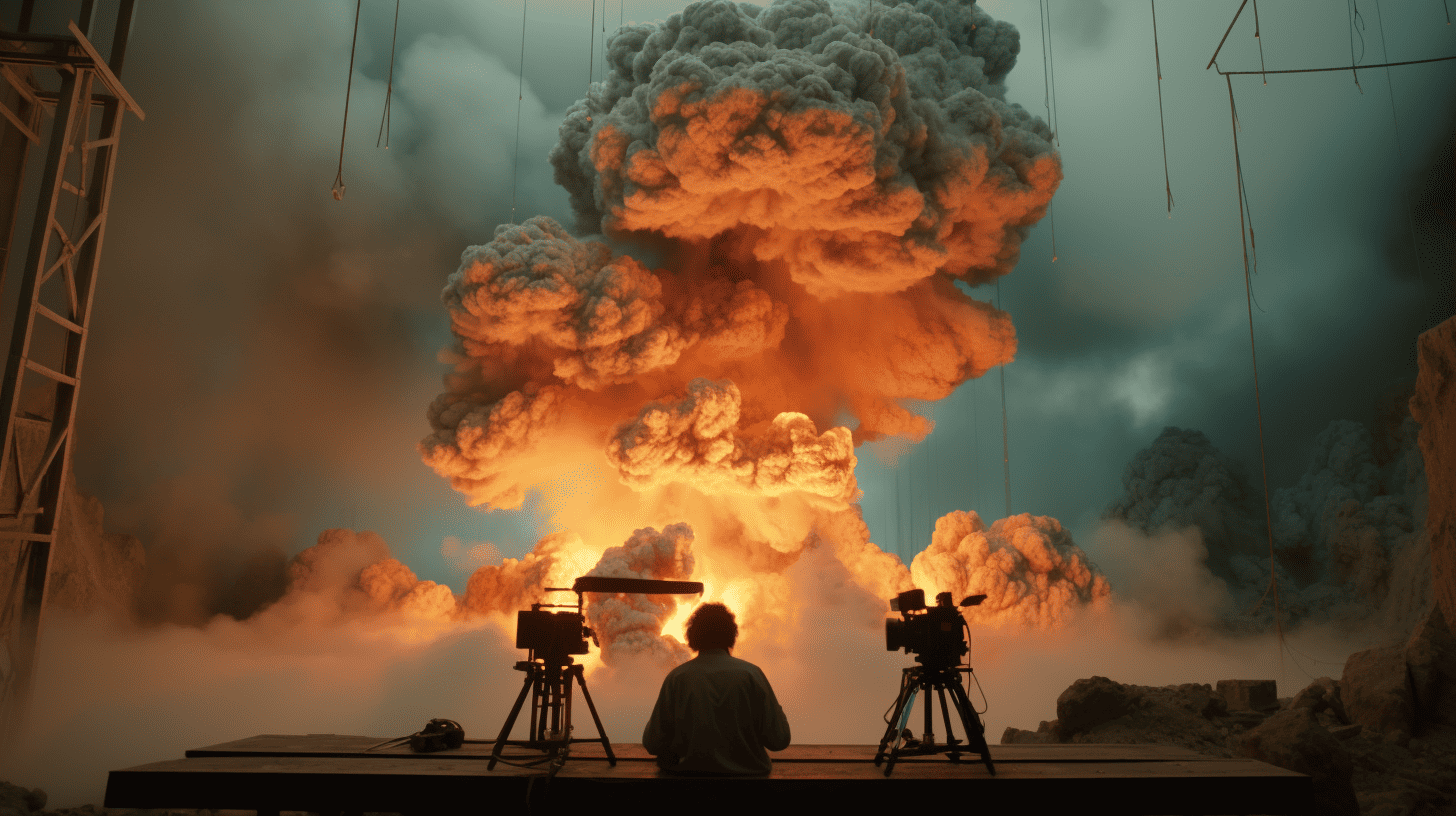 silhouette of a man watching a special effects explosion