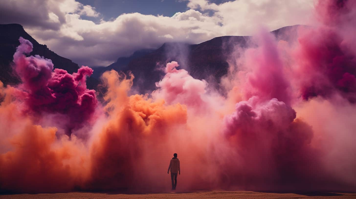 a colorful explosion of powders with a figure standing at the bottom