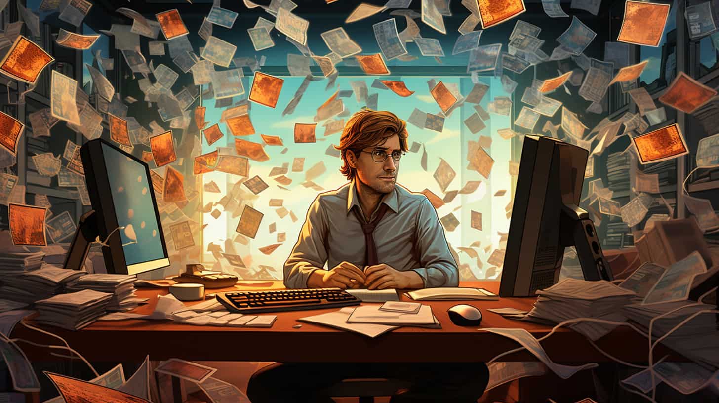 a man working at his desk surrounded by a storm of papers