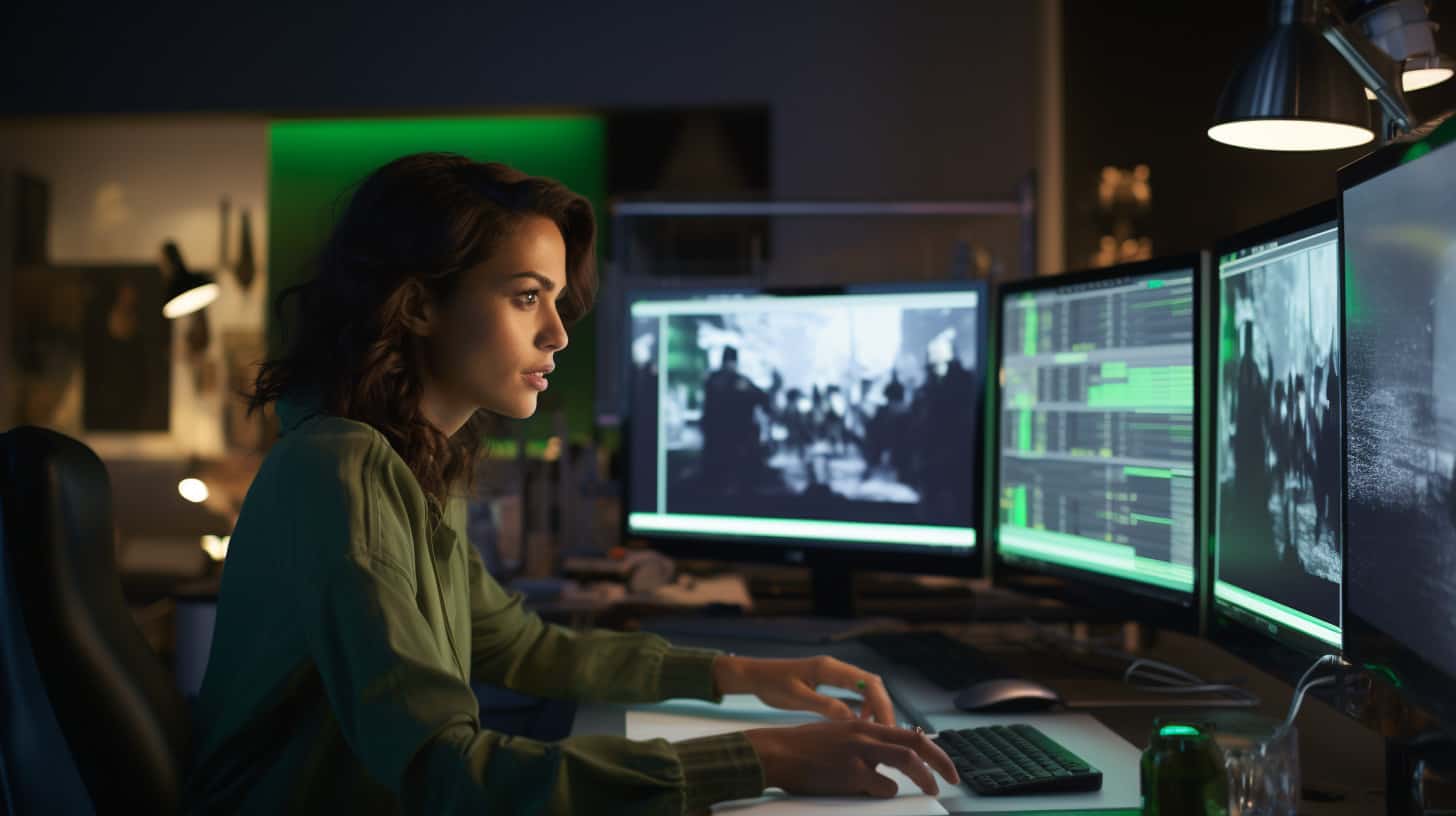a female VFX artist working at her desk
