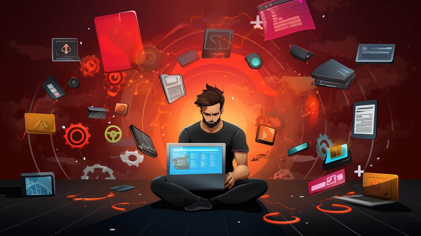 illustration of an artist surrounded by software icons