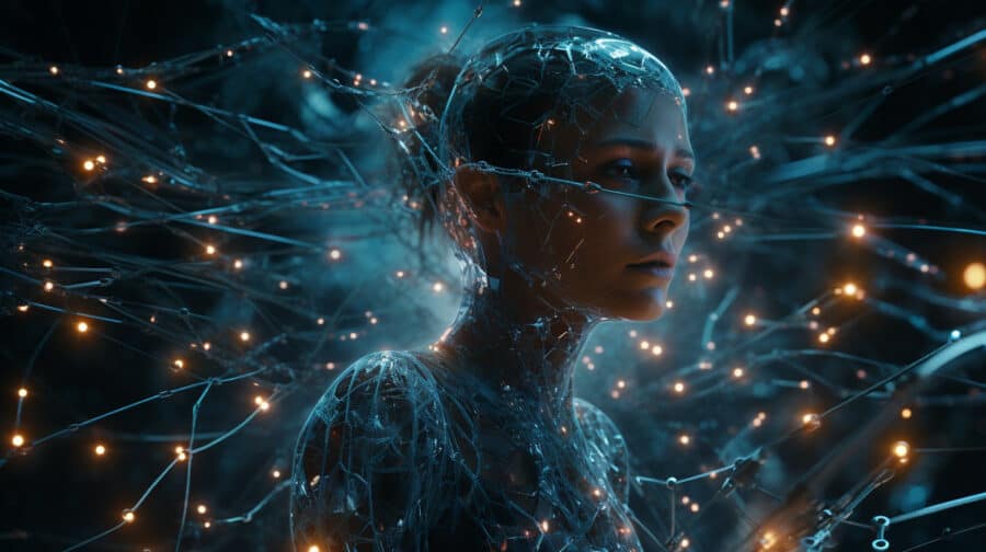 a visualization of a woman shrouded in small lights and wires